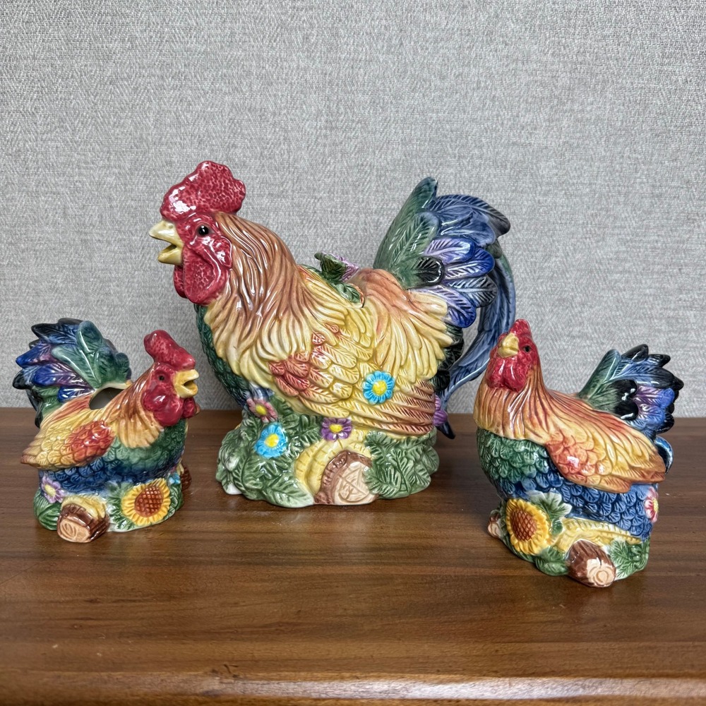 Majolica Style Farmhouse Rooster Tea Set 3 Piece Teapot Creamer Sugar Vintage 90
